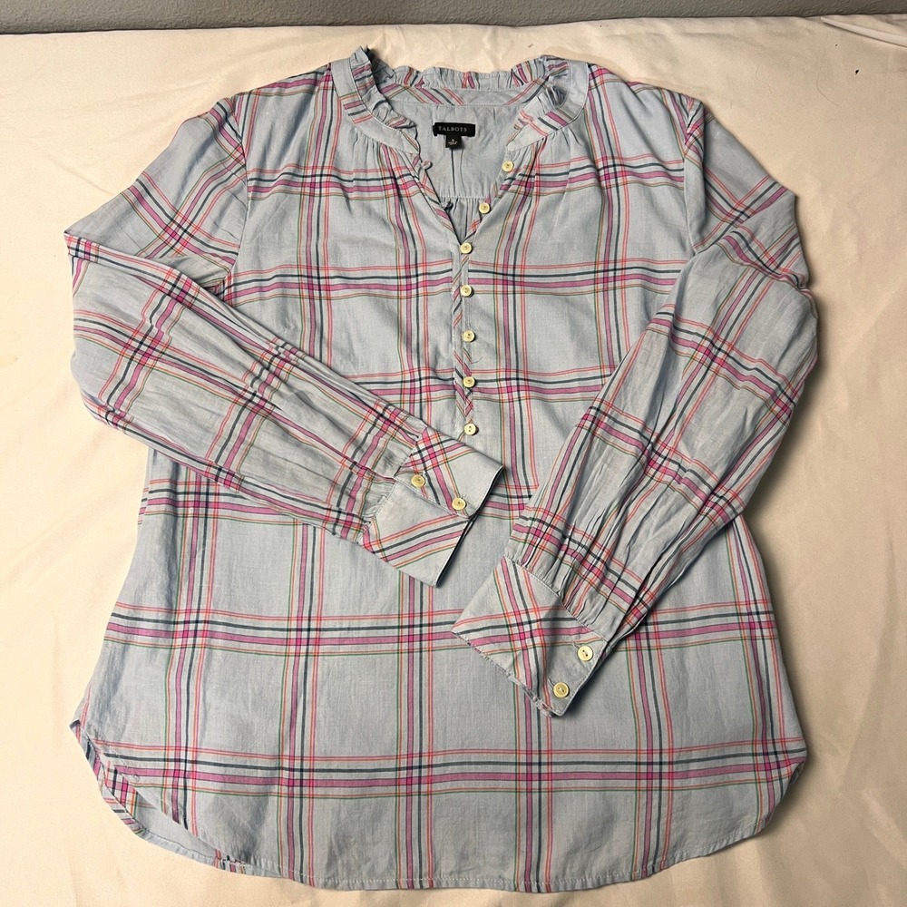 Talbots Blue Pink Plaid Cotton Ruffle Collar Career Layered Blouse Top Small